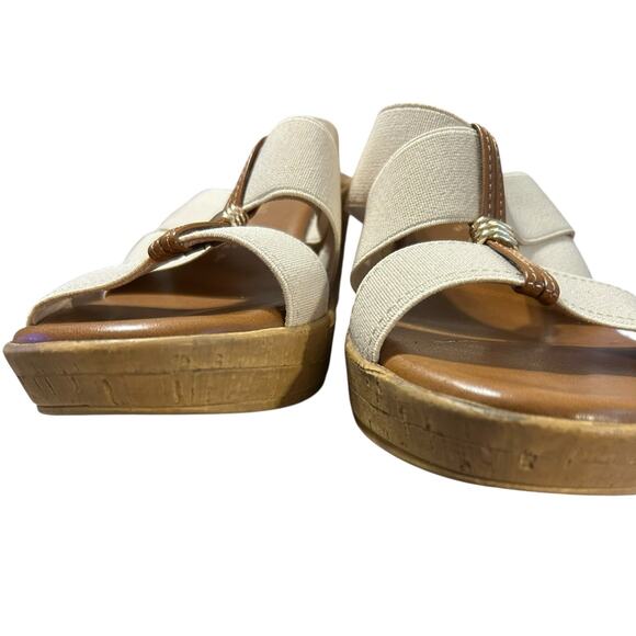 Italian Shoemaker Slip On Wedge Sandals SZ 7 Beige Flex Strap Open Toe - Picture 4 of 9